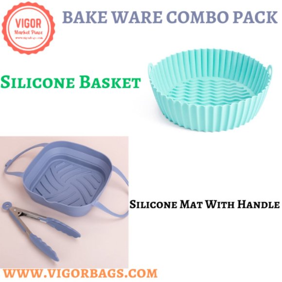 Silicone Non Stick Round Basket with Handles & 8 inch Basket Silicone Mat With H - Picture 1 of 14